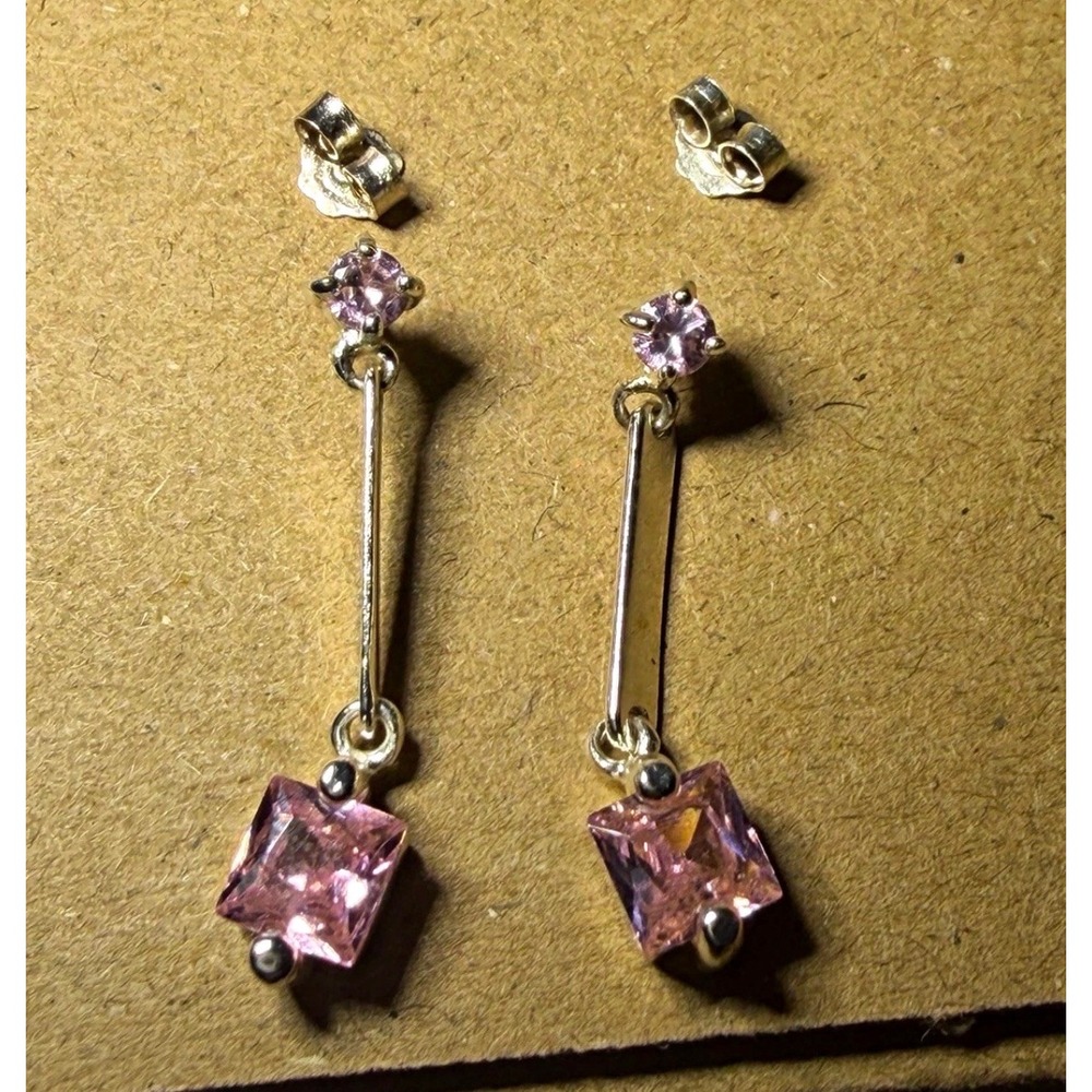 Pink Princess Cut Cubic Zirconia Sterling Silver Linear Drop Earrings Dangle